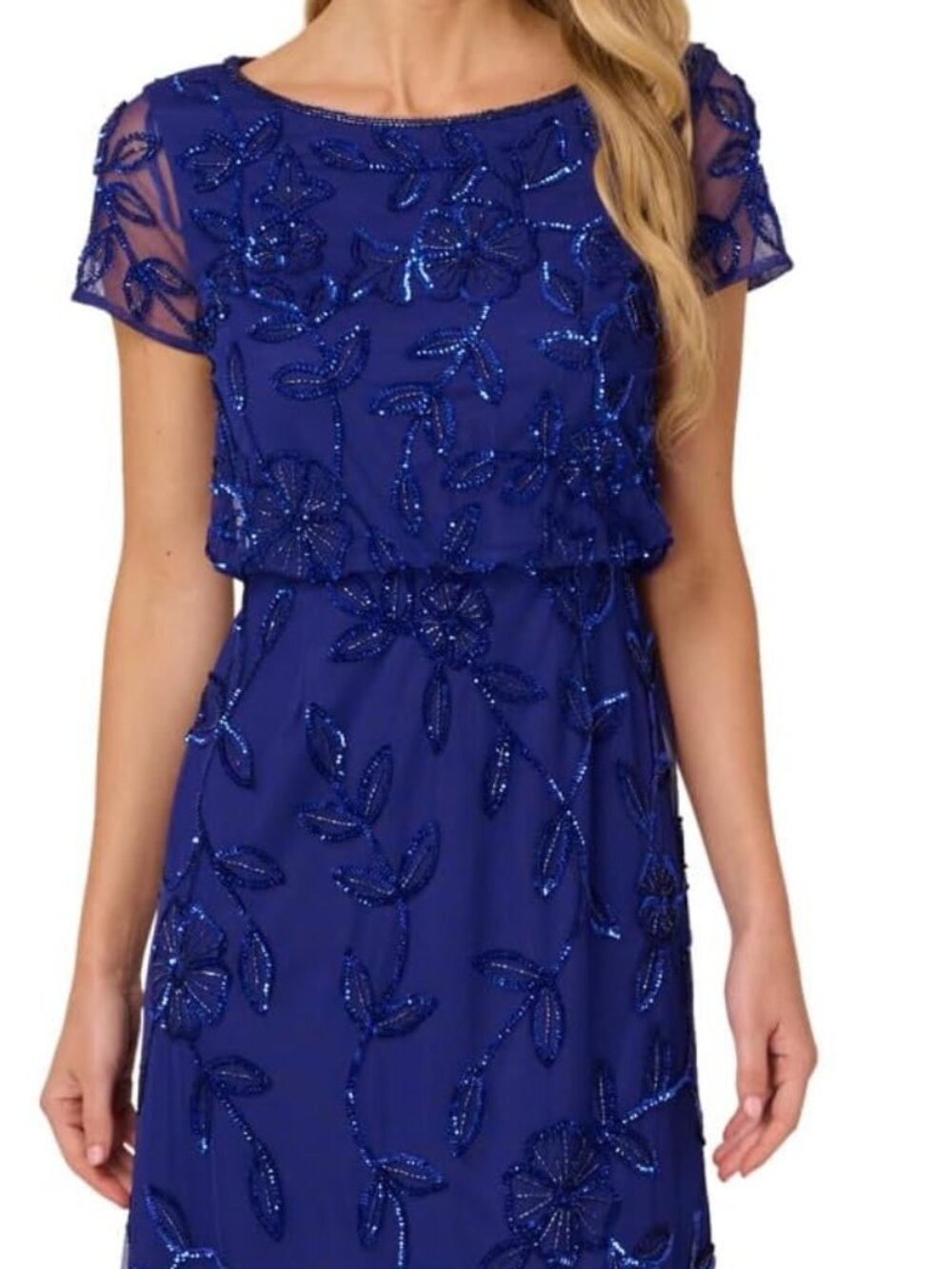Adrianna Papell Royal Blue Beaded Embellished Blouson Gown Dress